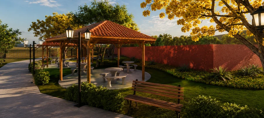 Área de piquenique com pergolado do Quinta das Alamandas