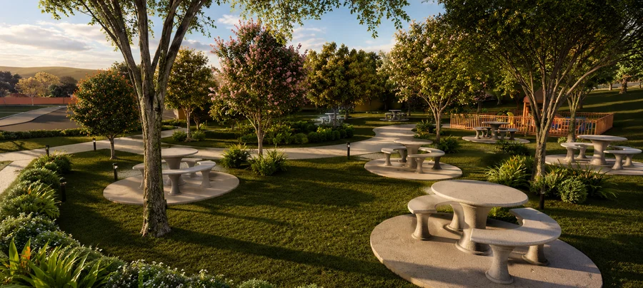 Praça com mesas no parque do Quinta das Alamandas
